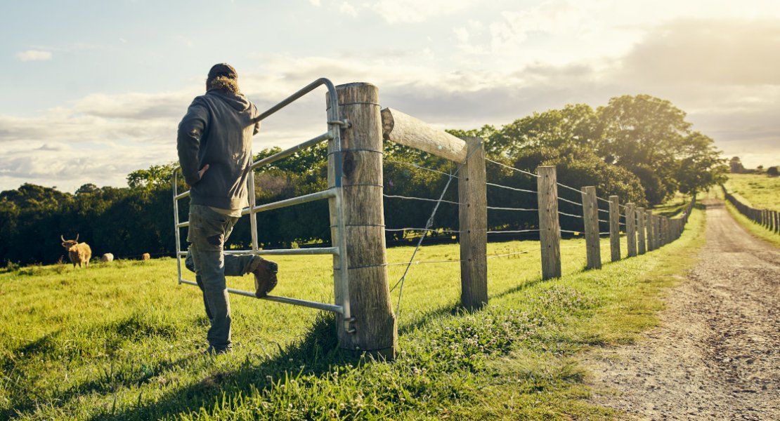 Farmer leaning on a fence